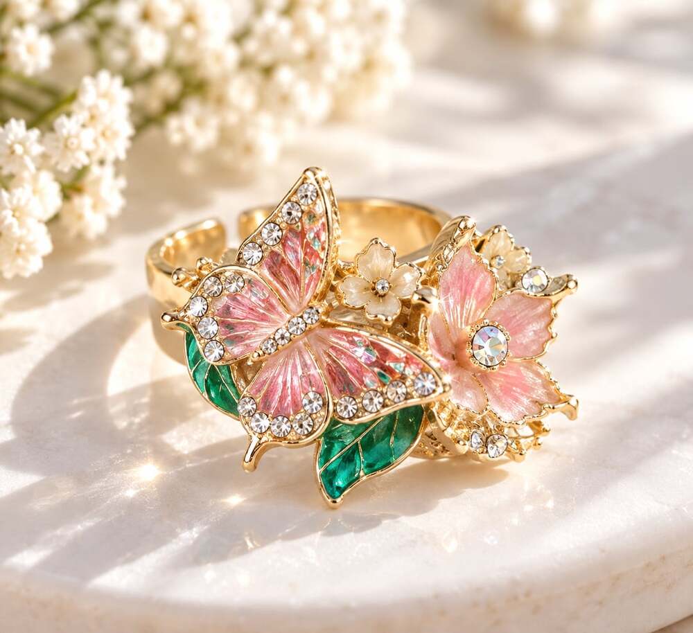 Pink Butterfly Floral Adjustable Statement Ring Fairycore